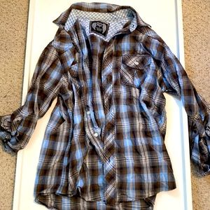 Men’s plaid button up with button roll sleeves